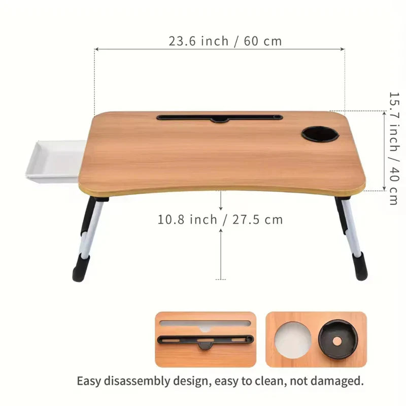 Folding table with cup holder drawer, laptop bed table, foldable tablet stand, laptop bed tray table, portable folding table, fo
