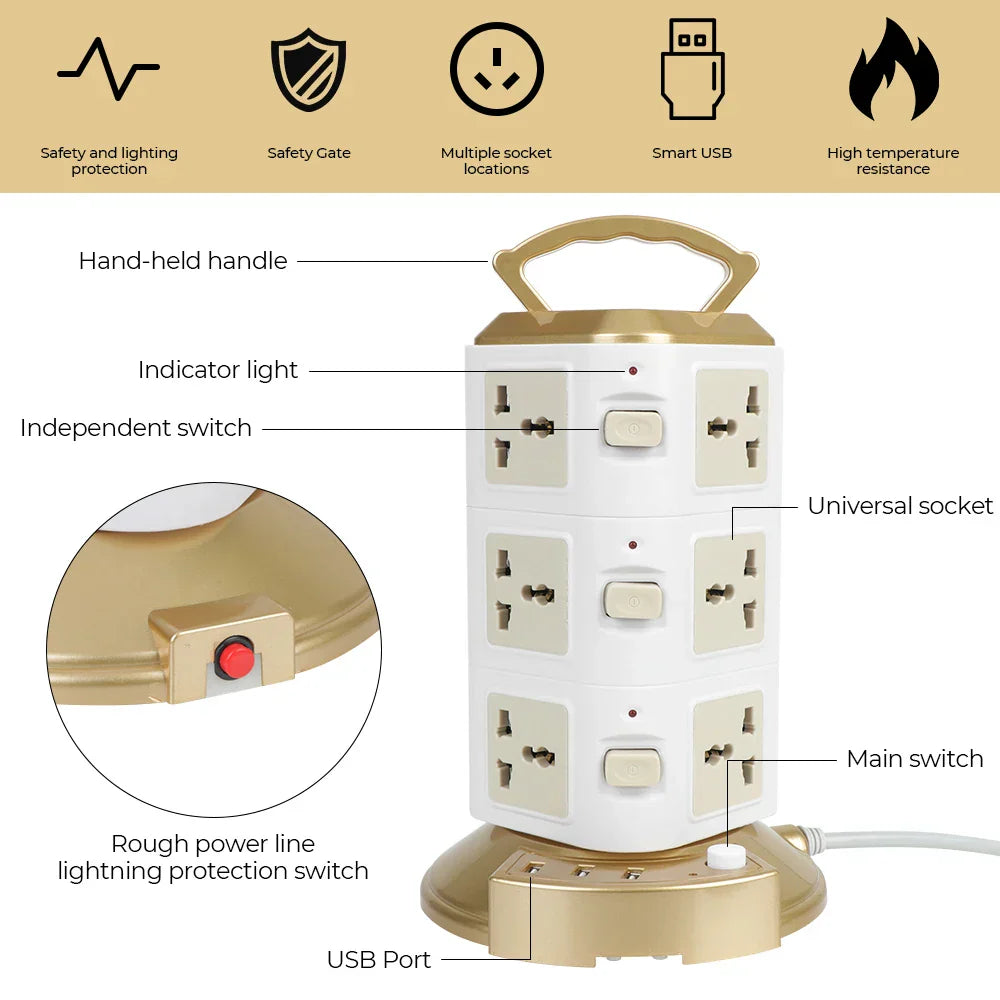 Overload Protector 2500W Tower Multi Power Strip EU US UK AU Universal Socket EU Plug With 3 USB Vertical 12 Way Outlets
